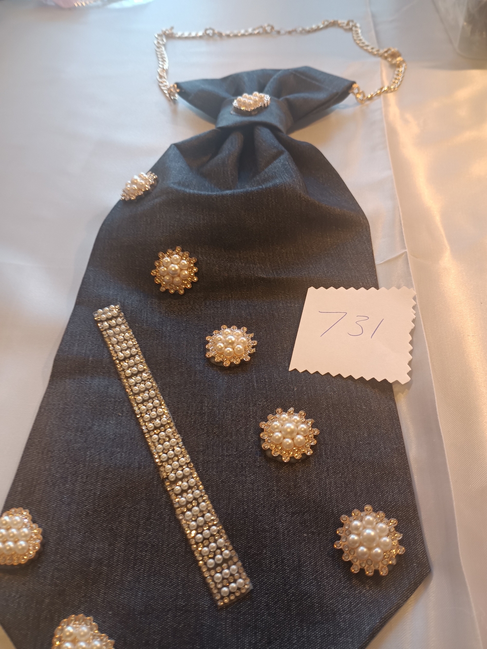 Elegant Navy Tie Necklace with Gold Pearl Accents